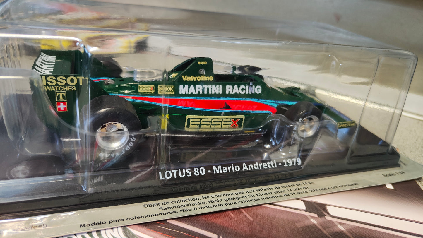Grandi Formula 1 Auto da corsa Lotus 80 di Mario Andretti del 1979 formato 1:24 con fascicolo nuova