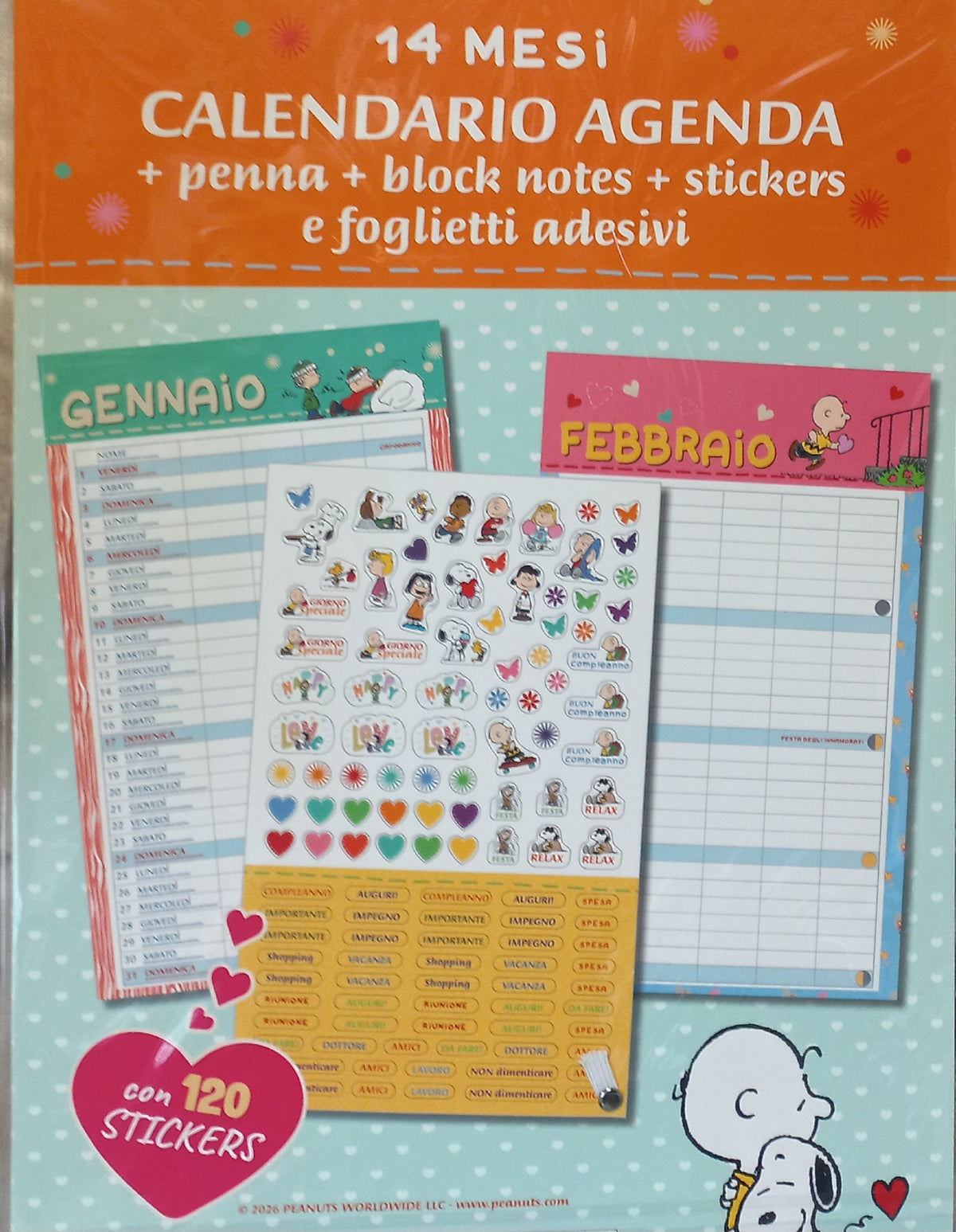 Calendario della PEANUTS 2027 (14 mesi) + PENNA, POST IT, BLOCK NOTES
