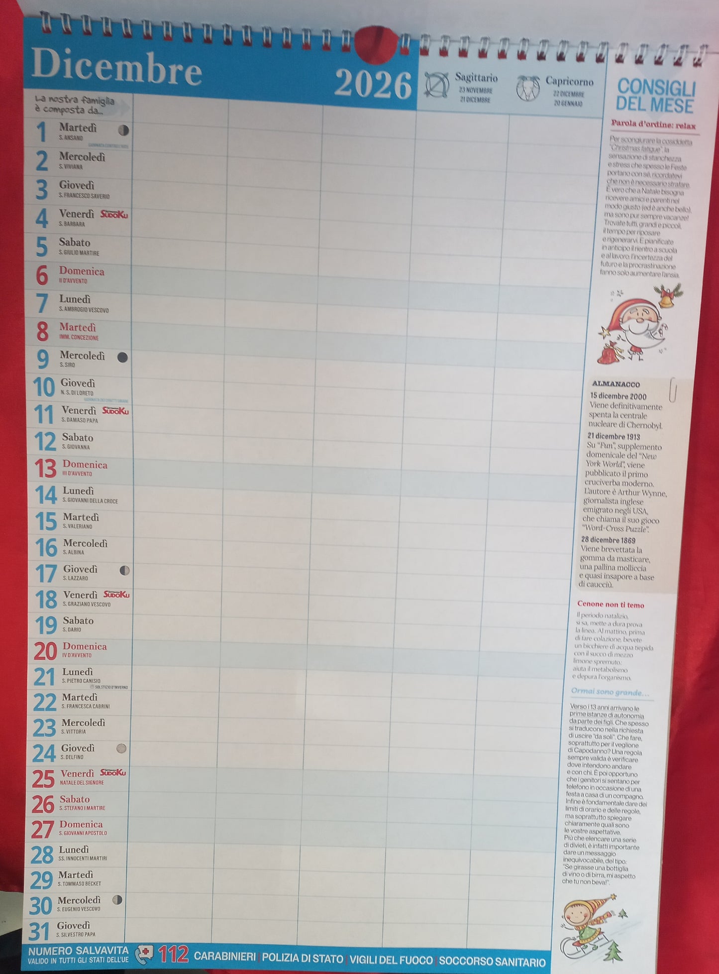 CALENDARIO FAMIGLIA 15 MESI Ottobre 2025 / Dicembre 2026