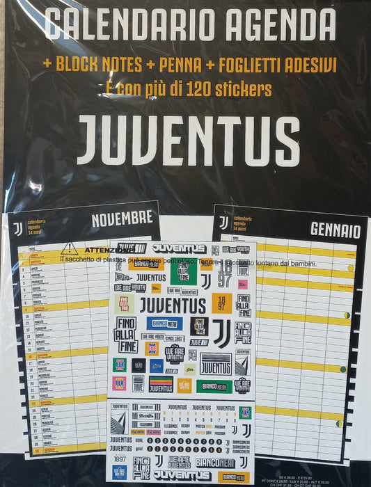 CALENDARIO 2026 JUVENTUS 14 MESI con POST-IT, PENNA, BLOCK NOTES