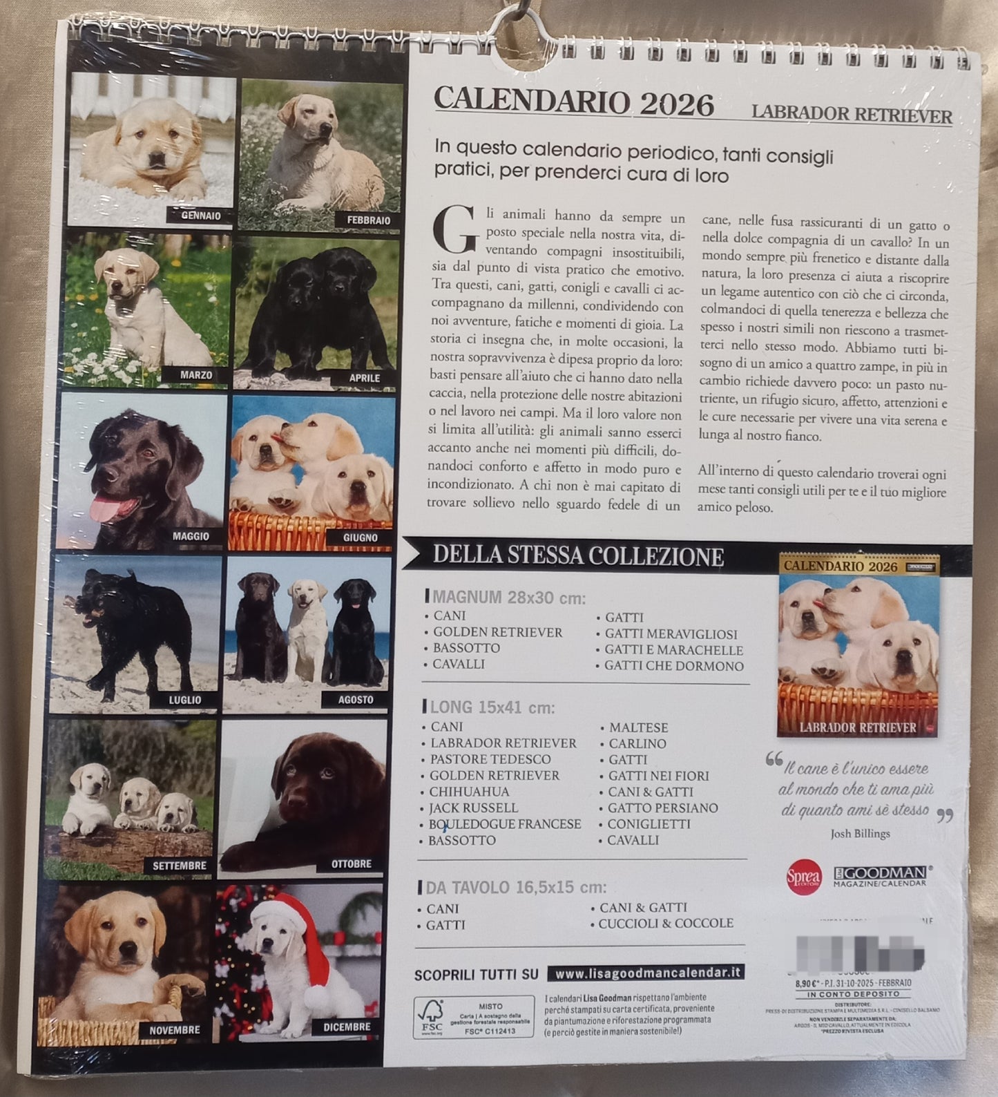 CALENDARIO 2026 CANI LABRADOR RETRIEVER