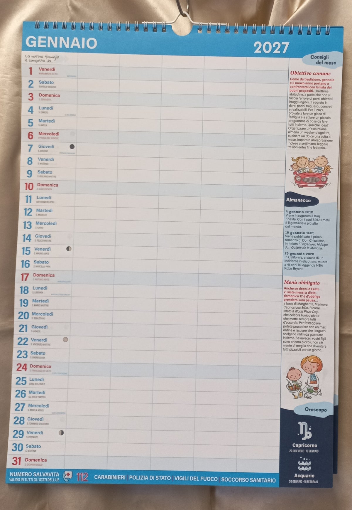 Calendario agenda della FAMIGLIA 2027