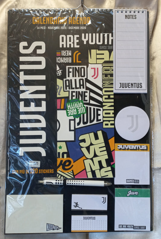 CALENDARIO 2026 JUVENTUS 14 MESI con POST-IT, PENNA, BLOCK NOTES