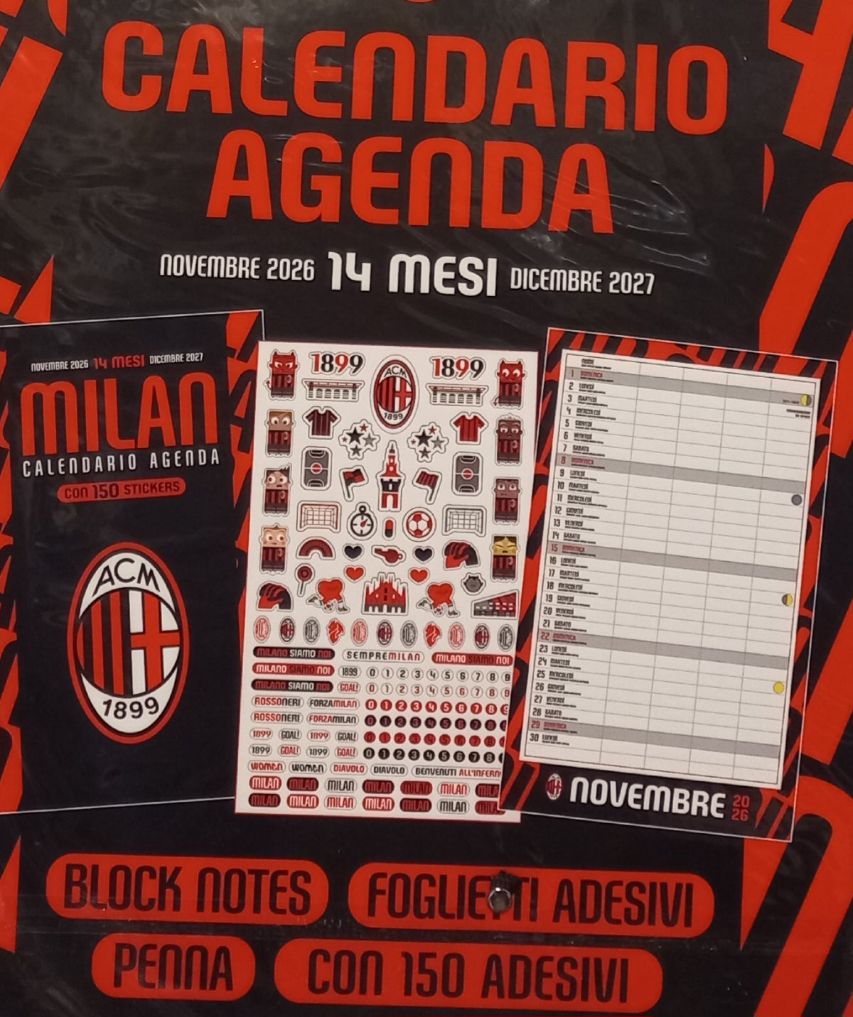 Calendario MILAN 2027 (14 mesi) + PENNA, POST IT, BLOCK NOTES